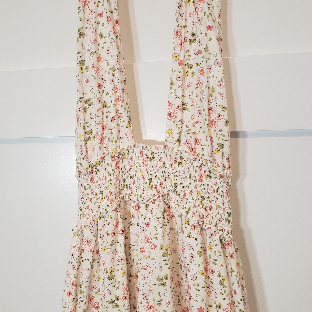 Aerie Halter Ditzy Mini Dress Cotton Lined White Pink Yellow Floral Size Medium - Picture 2 of 13